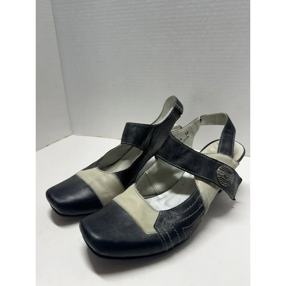 Fidji Black‎ Cream Leather Colorblock Slingback Mary Jane Heels Size 38 7.5